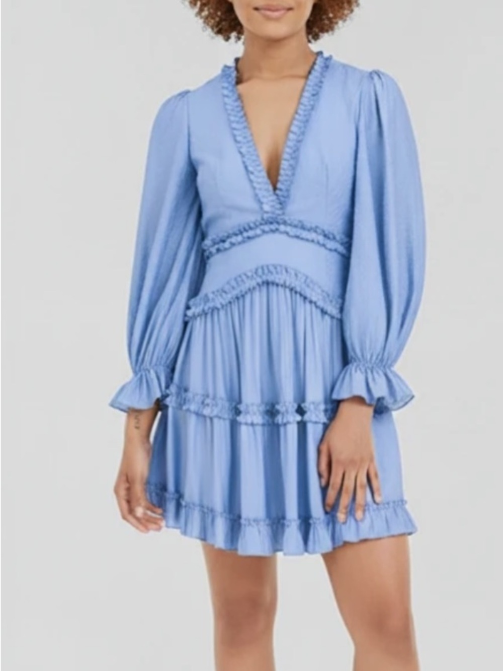 Russ Light Blue V-Neck Ruffle Tiered Mini Dress